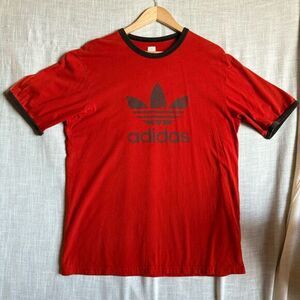 Vintage Adidas Mens Trefoil‎ Graphic Logo Ringer T Shirt Size L Brown Orange Y2K